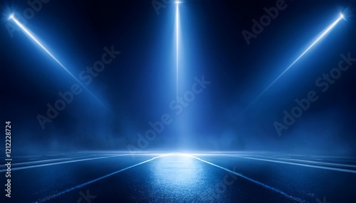 Blue dark background of empty foggy street with wet asphalt, illuminated by a searchlight