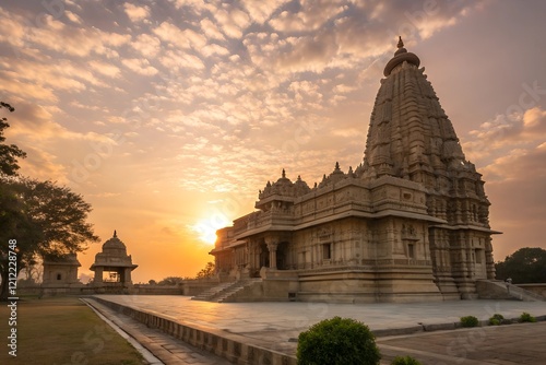 A captivating scene of the sun rising over a grand Indian temple, bathing the structure in warm golden light, symbolizing peace and renewal.