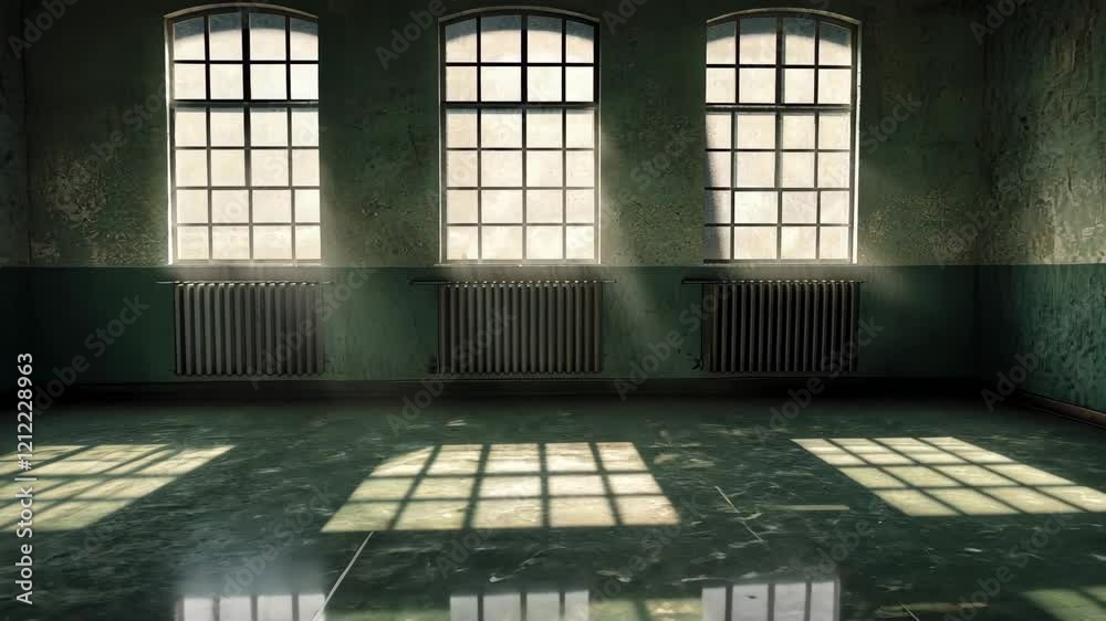 Empty industrial room with large arched windows casting shadows Empty industrial room with large arched windows casting shadows