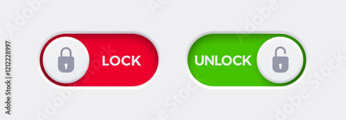 Lock and Unlock toggle switch buttons with open lock and closed lock icon. Material design switch buttons set. Vector illustration.