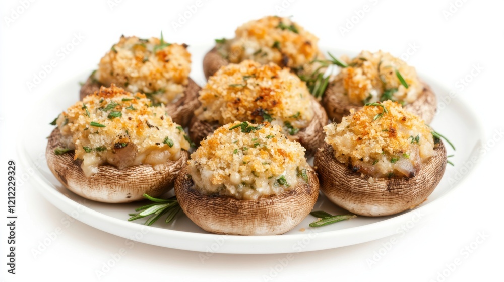 A plate of gourmet stuffed mushrooms with a filling of cream cheese, garlic, herbs A plate of gourmet stuffed mushrooms with a filling of cream cheese, garlic, herbs