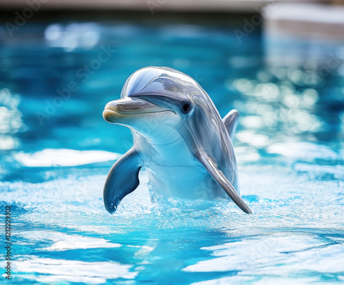 Dolphin swimming playfully in clear blue water at marine park during sunny day photo