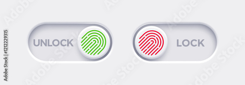 Lock and Unlock toggle switch buttons with fingerprint icon. Material design switch buttons set. Vector illustration.