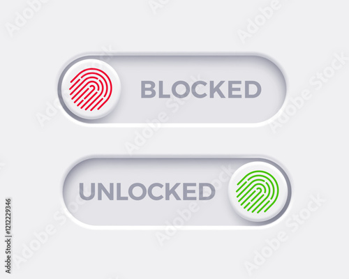 Blocked and Unlocked toggle switch buttons with fingerprint icon. Material design switch buttons set. Vector illustration.