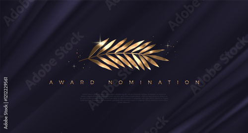 Award nomination - design template. Golden branch on a black fabric background. Award sign with golden leaves. Vector illustration.