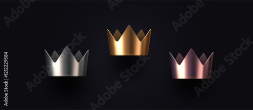 Set of 3d metal crown. Monarchy power and wealth symbol. Golden, silver and bronze crown. King golden coronet. Vector illustration.