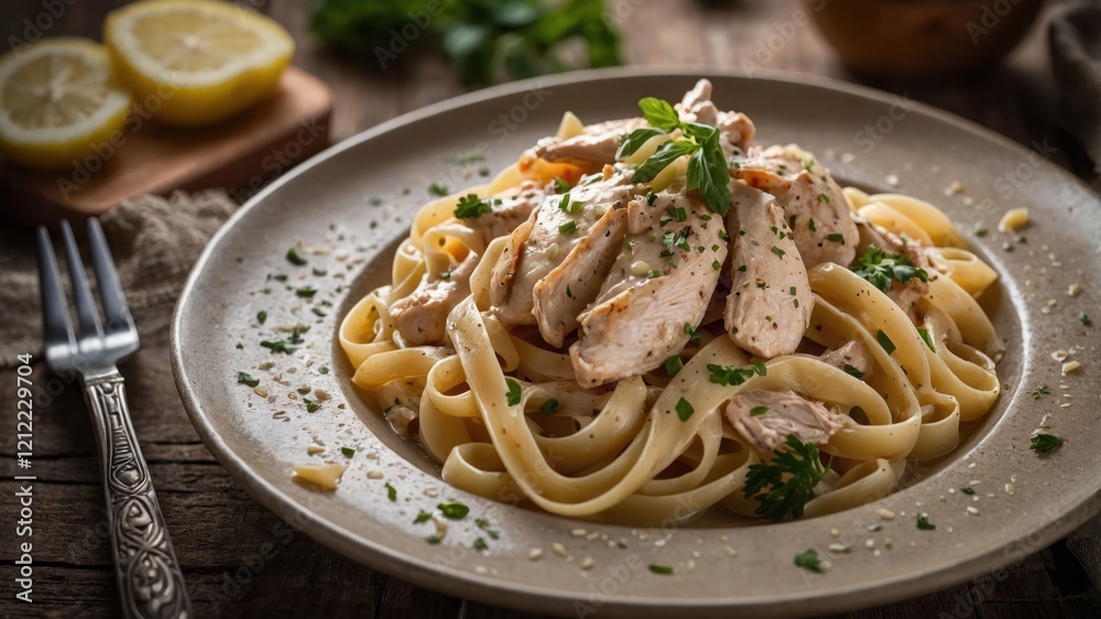 A plate of creamy fettuccine pasta topped with sliced chicken and garnished with herbs. A plate of creamy fettuccine pasta topped with sliced chicken and garnished with herbs.
