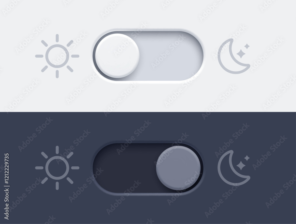 Dark mode and light mode toggle switch buttons.  Material design slider switch buttons set. Day and night mode switch button. Vector illustration.