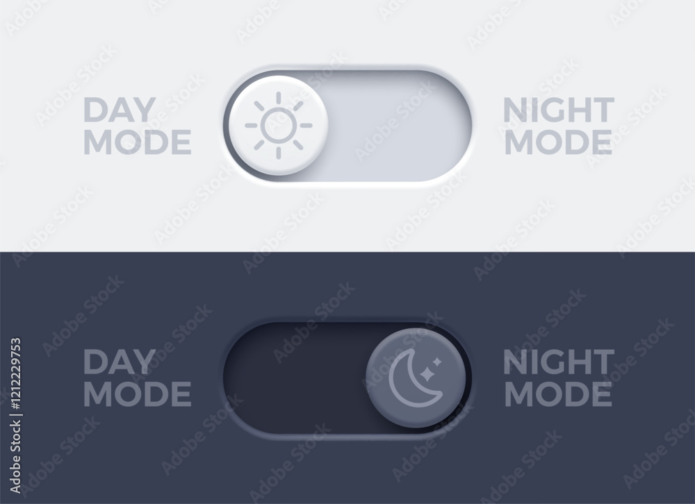 Dark mode and light mode toggle switch buttons.  Material design slider switch buttons set. Day and night mode switch button. Vector illustration.