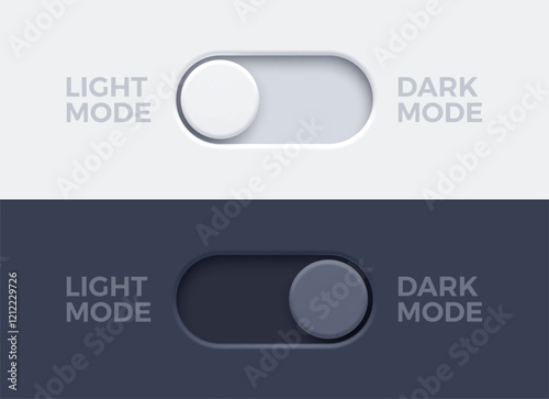 Dark mode and light mode toggle switch buttons.  Material design slider switch buttons set. Day and night mode switch button. Vector illustration.