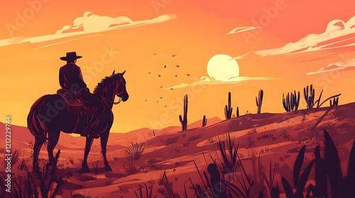 Silhouette of a cowboy on horseback at sunset in the desert.