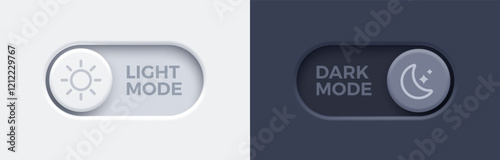 Dark mode and light mode toggle switch buttons.  Material design slider switch buttons set. Day and night mode switch button. Vector illustration.