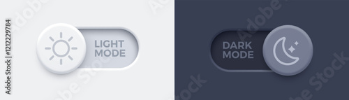 Light mode and dark mode toggle switch buttons.  Material design slider switch buttons set. Day and night mode switch button. Vector illustration.