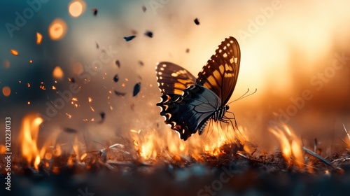 A breathtaking butterfly flutters gracefully over flickering flames, uniting elements of chaos and beauty, inviting viewers to explore themes of resilience and freedom in nature. photo