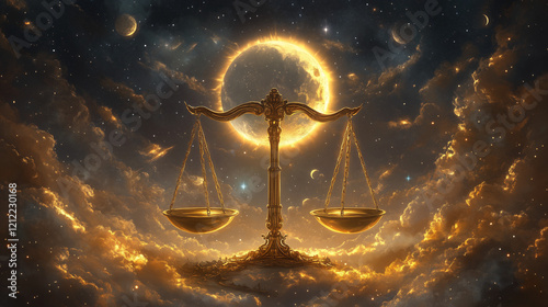 Golden scales symbolizing perfect balance against cosmic, Equal day and night backdrop during Spring equinox
