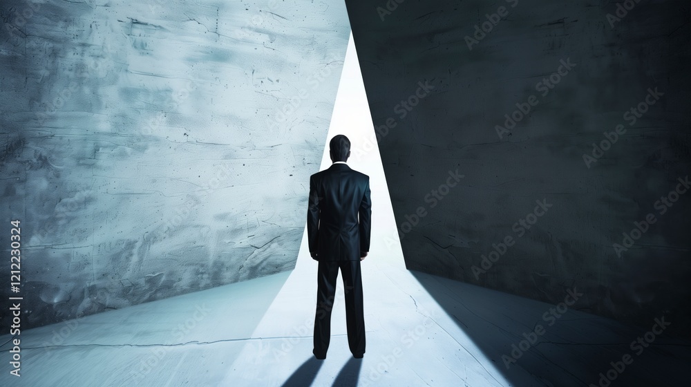 custom made wallpaper toronto digitalA man in a suit stands in a large, empty room with a doorway in the middle. He looks up at the doorway, as if he is waiting for something or someone to come through. AI generated.