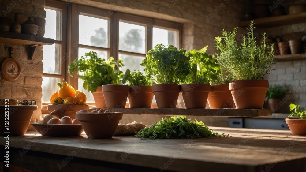 A rustic kitchen with potted herbs and fresh produce on a wooden table. A rustic kitchen with potted herbs and fresh produce on a wooden table.