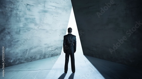 Wallpaper Mural A man in a suit stands in a large, empty room with a doorway in the middle. He looks up at the doorway, as if he is waiting for something or someone to come through. AI generated. Torontodigital.ca