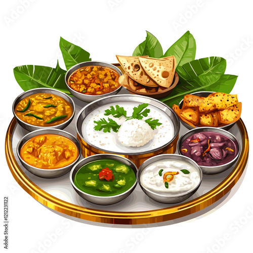 Traditional Indian Thali Illustration with Authentic Dishes