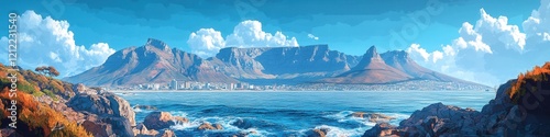 Cape Town Cliffs and Table Mountain, towering cliffs, iconic landmark, Atlantic Ocean view, dramatic landscape, vibrant city backdrop
