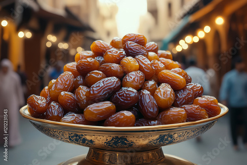 Dried Dates. Dates in a golden bowl on the background of the eastern street. Oriental Sweets