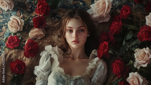 Stunning Woman in Lacy Dress Surrounded by Roses photo