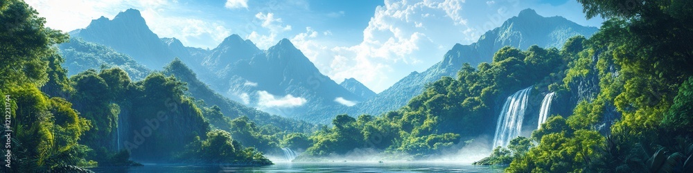 Obraz premium Majestic Papua New Guinea Mountains, towering peaks, dense rainforests, cascading waterfalls, vibrant wildlife, lush green landscape