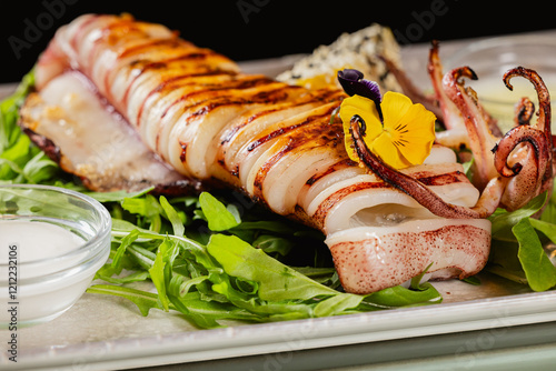 Sea food. Close up photo with a dish made of grilled squid seafood with mixed salad along it. Mediterranean and Greek cuisine. photo