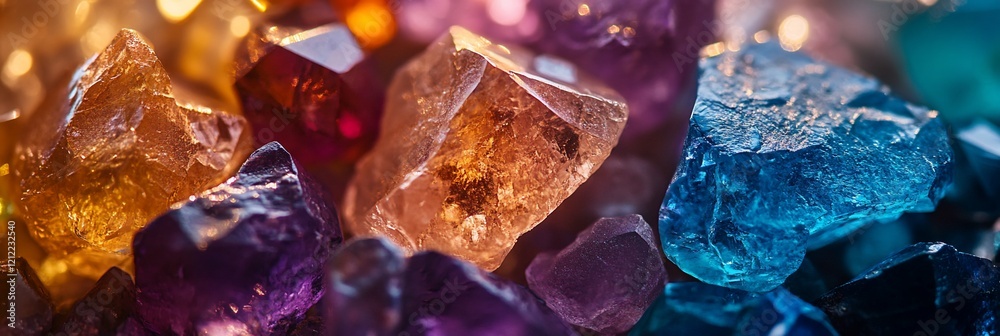 Close-up of colorful, glittering gemstones. Close-up of colorful, glittering gemstones.