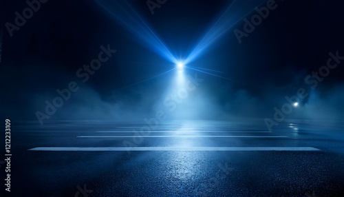 Blue dark background of empty foggy street with wet asphalt, illuminated by a searchlight