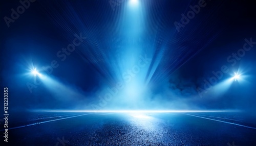 Blue dark background of empty foggy street with wet asphalt, illuminated by a searchlight