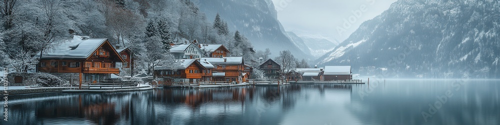 Fototapeta premium Foggy morning in Hallstatt, Austria, showcasing traditional alpine houses by the serene lake, evoking a tranquil and picturesque atmosphere