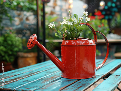 Bright red watering can filled with flowers on a vibrant green garden table creates a cheerful and lively atmosphere perfect for summer gardening activities