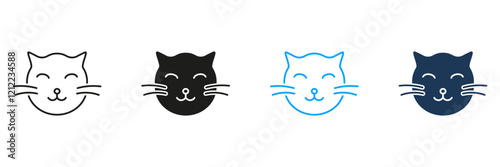 Cat Face with Closed Eyes Line and Silhouette Icon Set. Peaceful Feline Rest Symbol. Calm and Relaxed Pet Expression. Editable Stroke. Isolated Vector Illustration