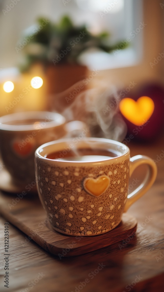 Fototapeta premium Cozy Valentine's Day evening with steaming cups of tea, hearts and candles in the background