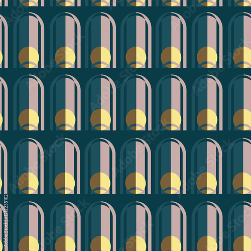 Abstract illustration with rows of minimalist shapes. Each shape is represented by simple geometric shapes, mostly ovals and rounded rectangles. Vector