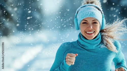 An energetic young woman, dressed in warm layers, joyfully runs through a snowy landscape, her smile radiating happiness as snowflakes dance around her in winter bliss. photo