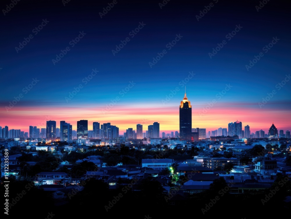 Fototapeta premium A stunning city skyline at dusk, showcasing tall buildings against a colorful sky transitioning from blue to warm hues.