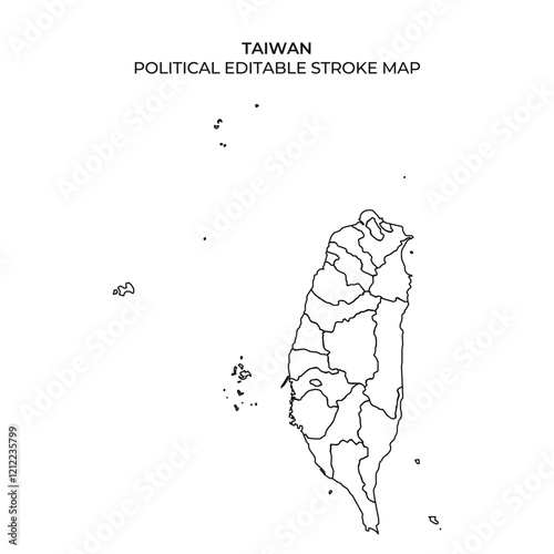 A detailed stroke map of Taiwan showing its political boundaries and geographical features. Perfect for educational purposes or presentations related to Taiwanese geography.
