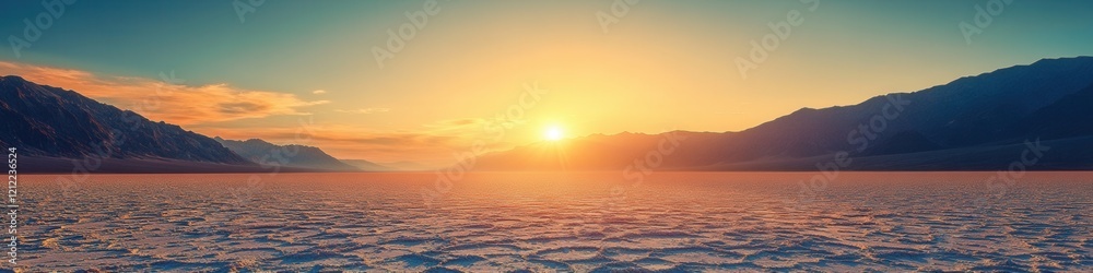 Fototapeta premium Golden Dawn over Badwater Basin, expansive salt flats illuminated by morning light, desert landscape showcasing nature's grandeur