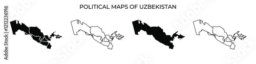 Series of political maps of Uzbekistan presenting different territories and regions. Each map illustrates boundary changes and political divisions, providing a clear geographical understanding.