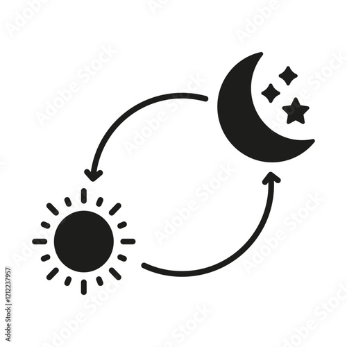 Day And Night Cycle Silhouette Icon. Sun And Moon With Arrows Representing Time Transition Glyph Symbol. Daytime And Nighttime Change. Isolated Vector Illustration
