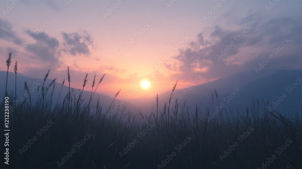 Serene sunset over hazy mountains, silhouetted by tall grass. Serene sunset over hazy mountains, silhouetted by tall grass.