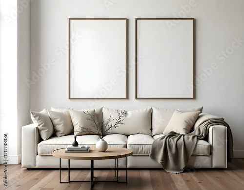A modern living room featuring a light-colored sofa with multiple cushions  a round coffee table in the center  and two empty picture frames mounted on the wall.