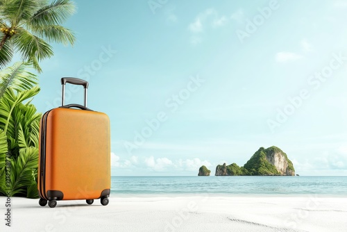 Bright Orange Suitcase on Tropical Beach with Palm Trees and Scenic Island Background