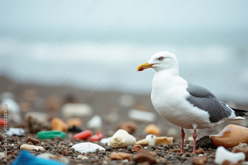 cology concept, seagull on the shore, garbage around, cology concept, seagull on the shore, garbage around,