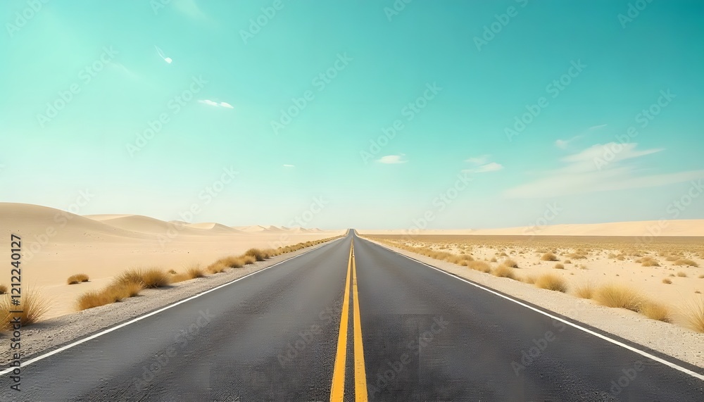 Long straight asphalt road stretching into the distance through the arid desert landscape with sand dunes under the clear sky Long straight asphalt road stretching into the distance through the arid desert landscape with sand dunes under the clear sky