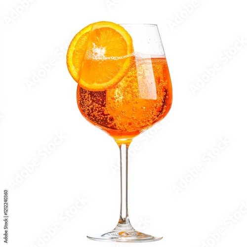 A vibrant orange Aperol spritz with an orange slice, bright and bubbly, isolated white background