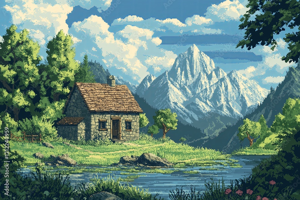 Fototapeta premium A pixel art landscape with a retro aesthetic