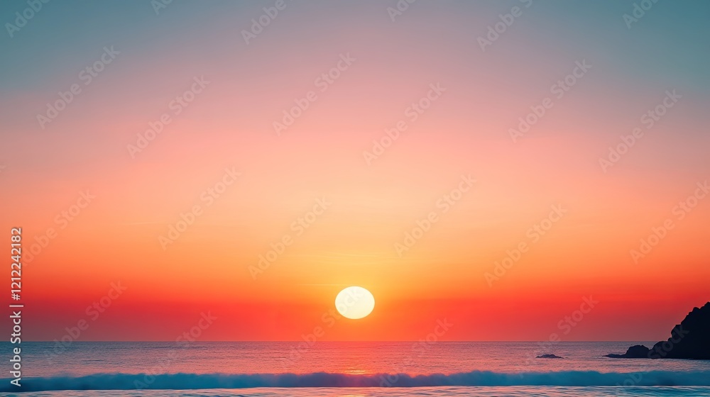 Serene sunset over a calm ocean with vibrant colors reflecting on the water's surface Serene sunset over a calm ocean with vibrant colors reflecting on the water's surface